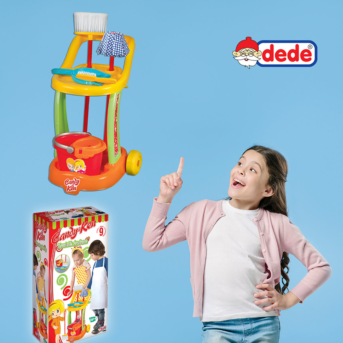 Dede Candy & Ken  Kids Cleaning Trolley Set, Cleaning Toys , Broom for Kids , Multi-Functional , 3 years+